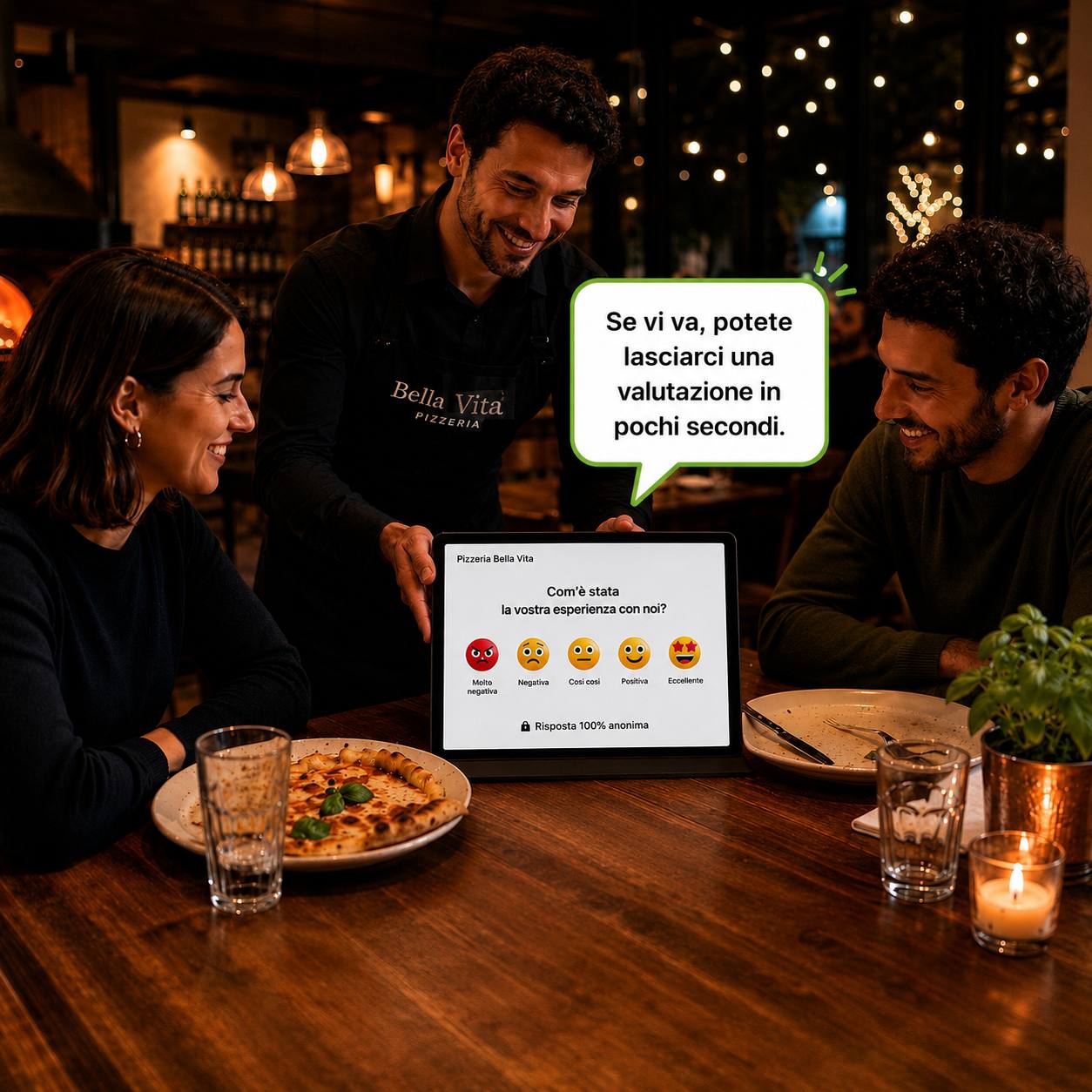 Cameriere della Pizzeria Bella Vita mostra il tablet PiùRecensioni ai clienti seduti al tavolo