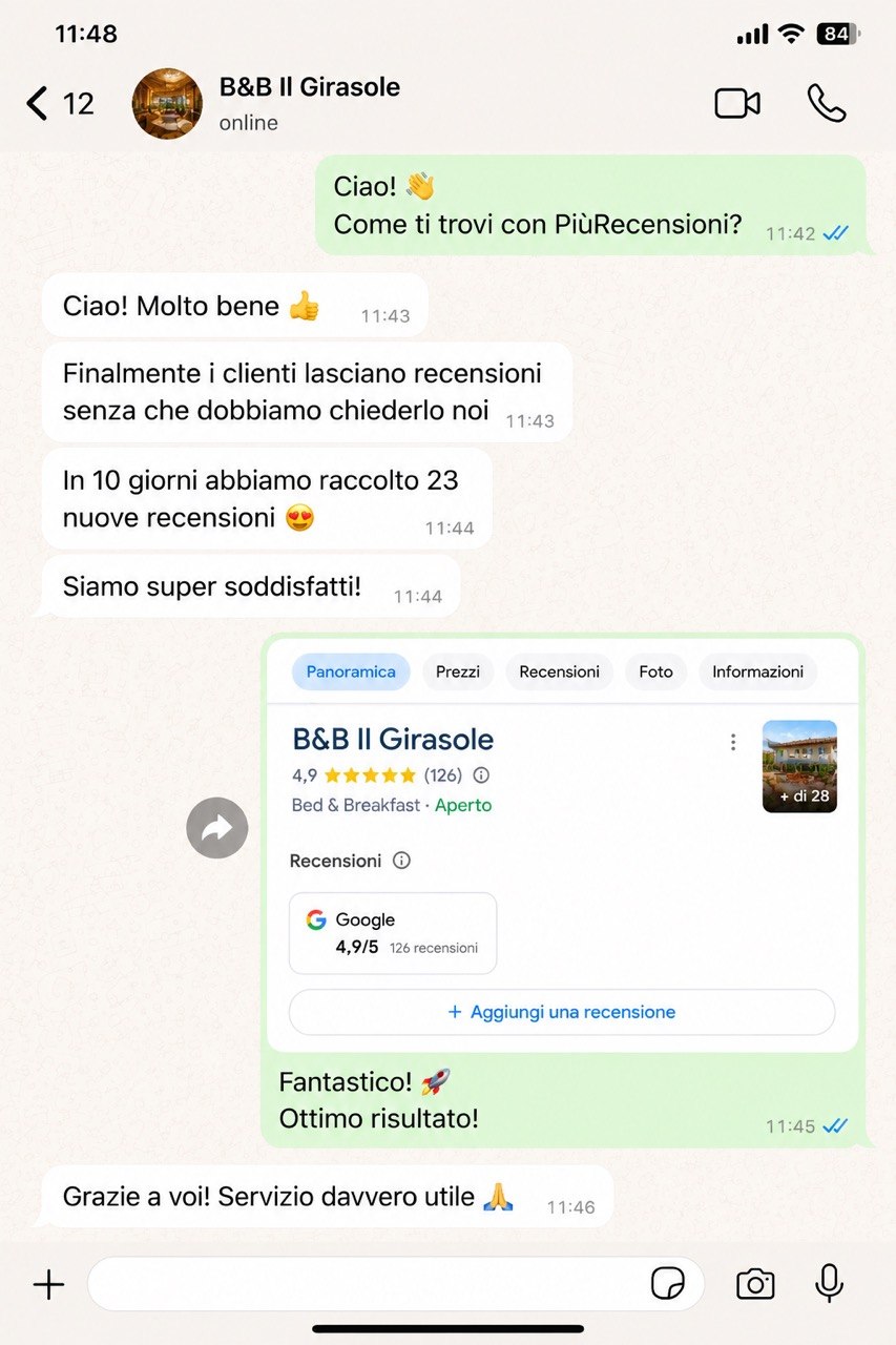 Conversazione WhatsApp con B&B Il Girasole: 23 nuove recensioni in 10 giorni, media 4,9