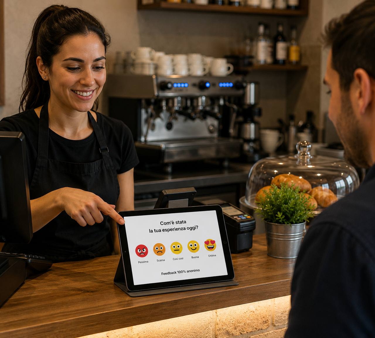 Barista mostra al cliente il tablet con la domanda Com'è stata la tua esperienza oggi e le emoji di valutazione