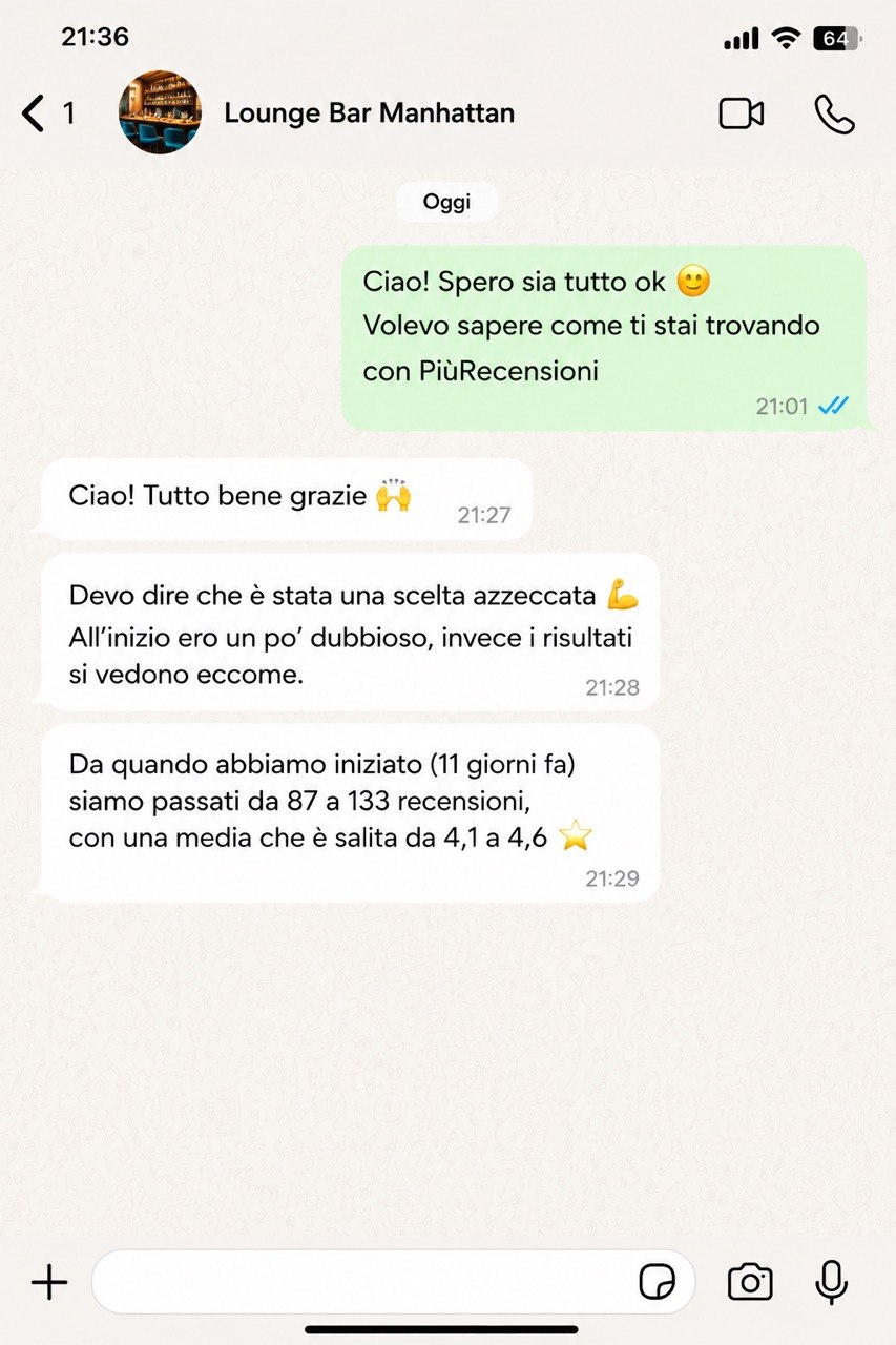 Conversazione WhatsApp con Lounge Bar Manhattan: da 87 a 133 recensioni in 11 giorni, media da 4,1 a 4,6