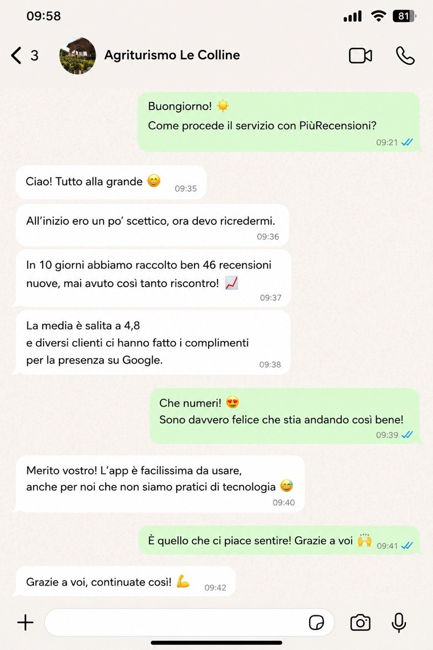 Conversazione WhatsApp con Agriturismo Le Colline: 46 nuove recensioni in 10 giorni, media 4,8