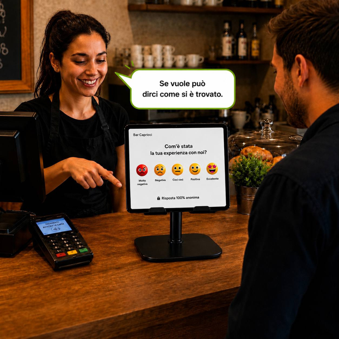 Barista sorridente mostra al cliente il tablet con la domanda Com'è stata la tua esperienza e le emoji di valutazione