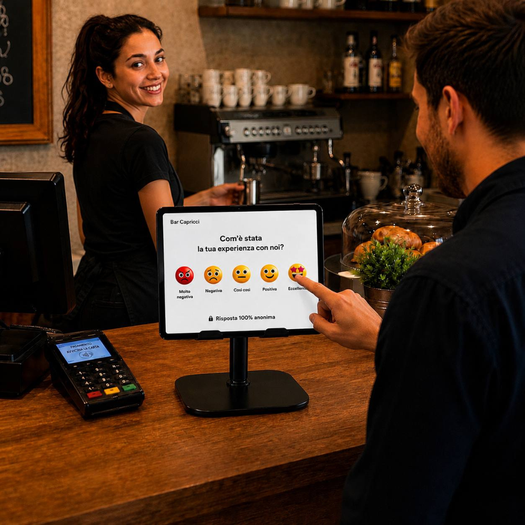 Cliente tocca l'emoji Eccellente sul tablet posizionato vicino al POS in un bar