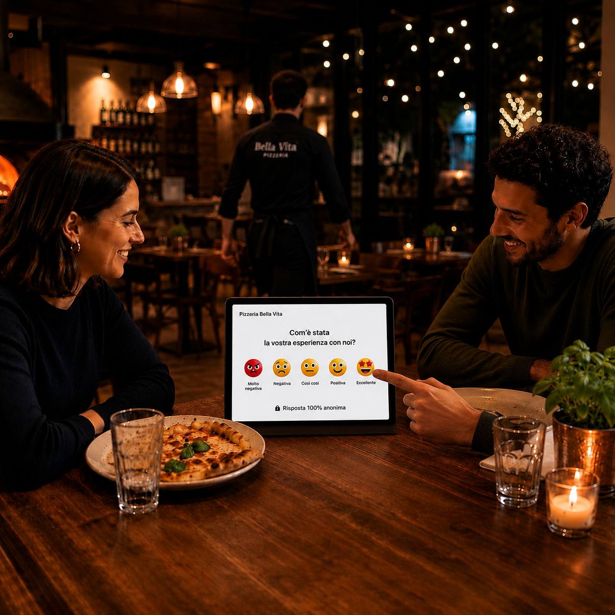 Cliente tocca l'emoji Eccellente sul tablet posizionato al tavolo del ristorante